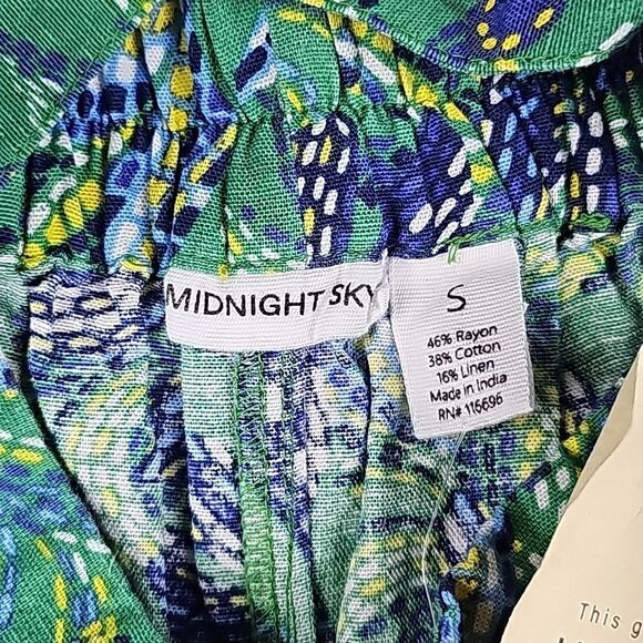 Midnight Sky -175 Blue Green Floral Linen Blend Tie Waist Wide Leg Pants Size S - Picture 5 of 9